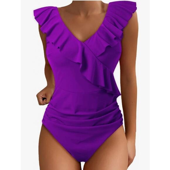 Blooming Jelly Women's Tummy Control One Piece Ruffle V Neck Swimsuit Purple XXL - Picture 1 of 6